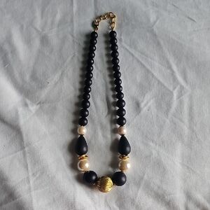 Black and Gold Beaded Necklace with Pearl Accents